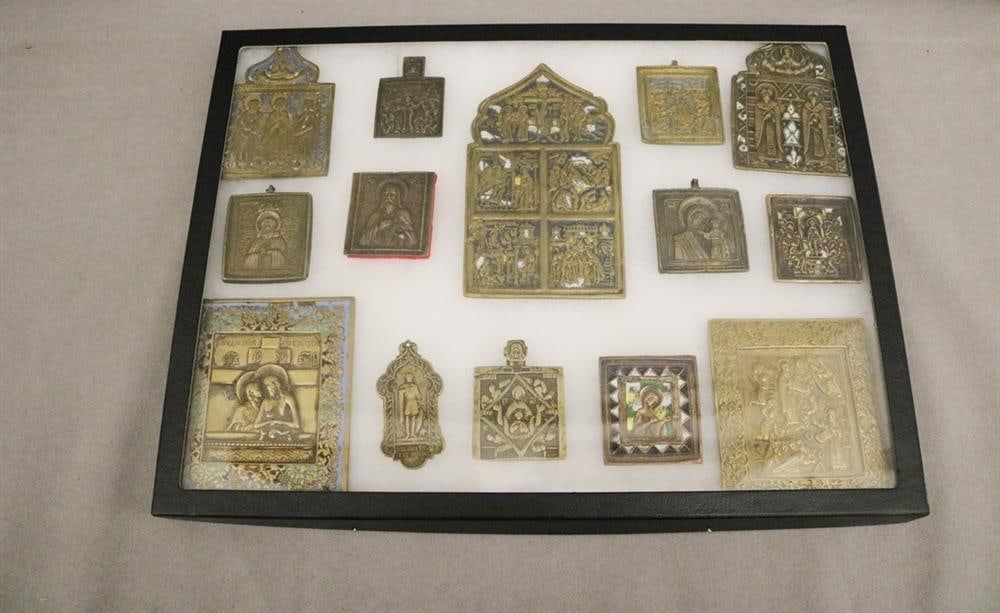 14 ASSORTED RUSSIAN RELIEF-CAST BRASS BRONZE TRAVELING ICONS, - Largest, 6 1/4 in. x 3 5/8 in. (1 of 12)