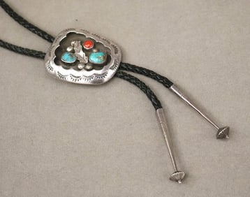 SOUTHWEST NATIVE AMERICAN SILVER, TURQUOISE, AND RED-ORANGE CORAL BOLO.