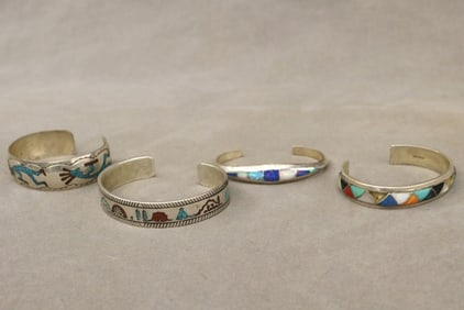 FOUR ASSORTED SOUTHWEST NATIVE AMERICAN HARDSTONE INLAID STERLING SILVER OPEN-END, SLIP-ON BANGLE
