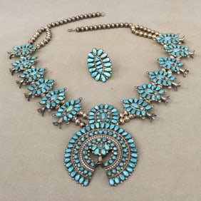 SOUTHWEST NATIVE AMERICAN STERLING SILVER AND TURQUOISE SQUASH BLOSSOM NECKLACE WITH MATCHING RING,