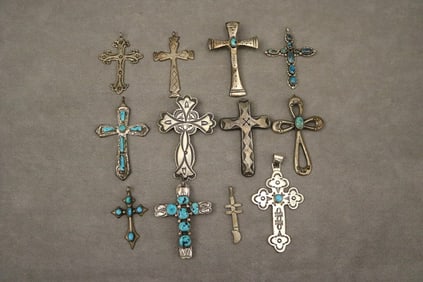 TWELVE ASSORTED NATIVE AMERICAN SILVER AND SILVER-AND-TURQUOISE CROSS PENDANTS, - Largest, H: 3 1/4