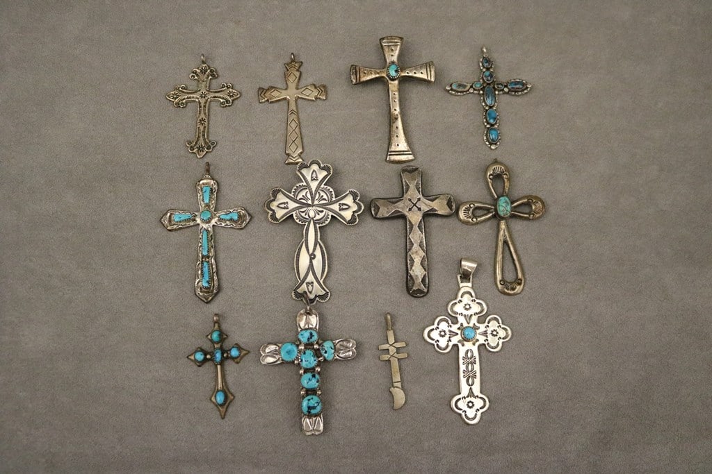 TWELVE ASSORTED NATIVE AMERICAN SILVER AND SILVER-AND-TURQUOISE CROSS PENDANTS, - Largest, H: 3 1/4 (1 of 7)