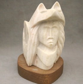 SIGNED GABRIEL PAUL TOYA ALABASTER WOLF WARRIOR SCULPTURE. - Height: 6.5 inches.
