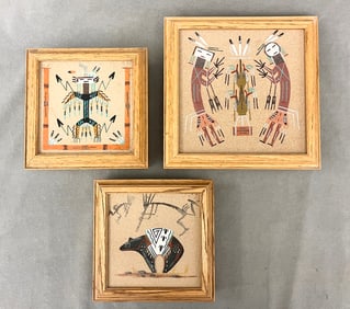 THREE NAVAJO (DINE) NATIVE AMERICAN SAND PAINTINGS.