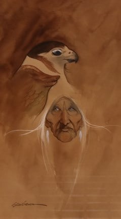 BERT D. SEABOURN (Native American, 20th-21st century, b. 1931). EAGLE WITH FIGURE, Signed lower: BERT D. SEABOURN (Native American, 20th-21st century, b. 1931). EAGLE WITH FIGURE, Signed lower left, also signed and inscribed on reverse. Watercolr on paper. - Sight size as matted, 16 1in. x 8 5/8