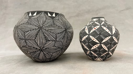 TWO SIGNED ALBERTA ANALLA AND VICTORIA VICTORINO ACOMA PUEBLO POTTERY JARS, - HEIGHT: (tallest one):