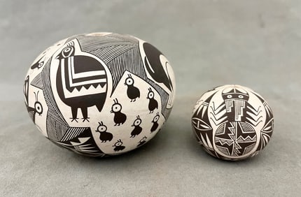 TWO SIGNED RACHEL CONCHO ACOMA PUEBLO DECORATED POTTERY POTS, - Height: Tallest pot: 3 inches.