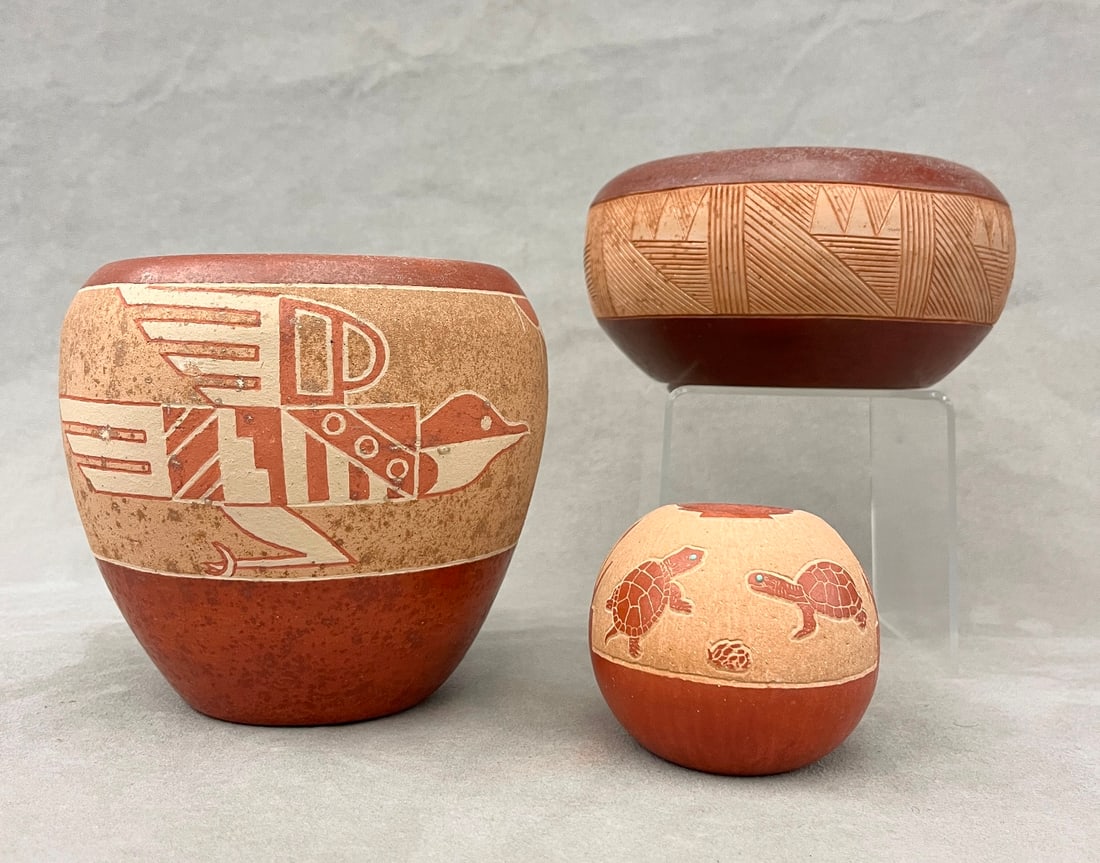 THREE ARTISTS SIGNED NATIVE AMERICAN POTTERY BOWLS FROM THE PUEBLO PEOPLE OF NEW MEXICO. - Height: (1 of 20)