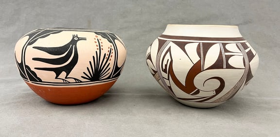 TWO SIGNED HILDA CORIZ AND PAQUA NAHA SMALL DECORATED POTTERY NATIVE AMERICAN JARS OR BOWLS, -