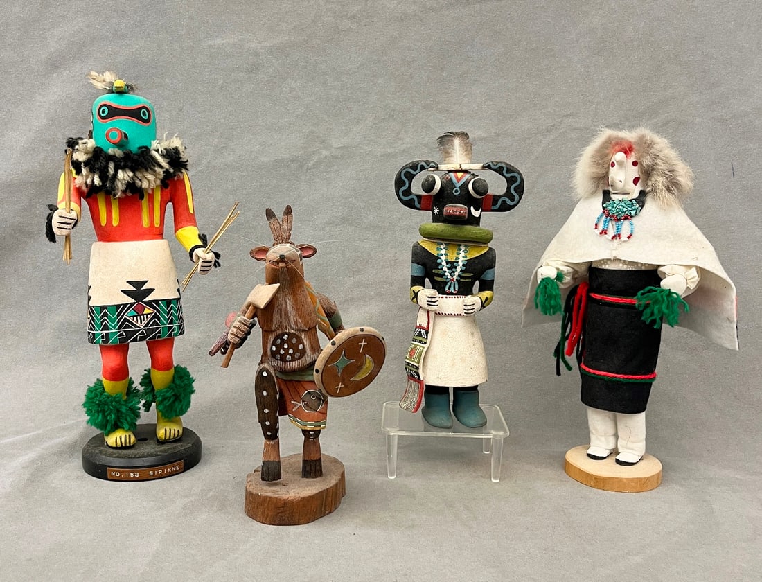 FOUR KACHINA DOLLS FROM PUEBLO NATIVE TRIBES PRIMARILY THE HOPI AND ZUNI. (1 of 20)