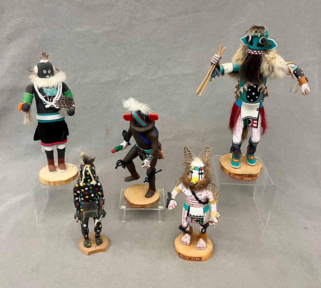 FIVE KACHINA DOLLS FROM PUEBLO NATIVE TRIBES PRIMARILY THE HOPI AND ZUNI. (1 of 20)