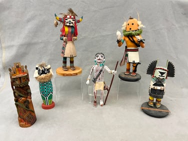 SIX ASSORTED ITEMS WITH FIVE KACHINA DOLLS FROM PUEBLO NATIVE TRIBES PRIMARILY THE HOPI AND ZUNI.