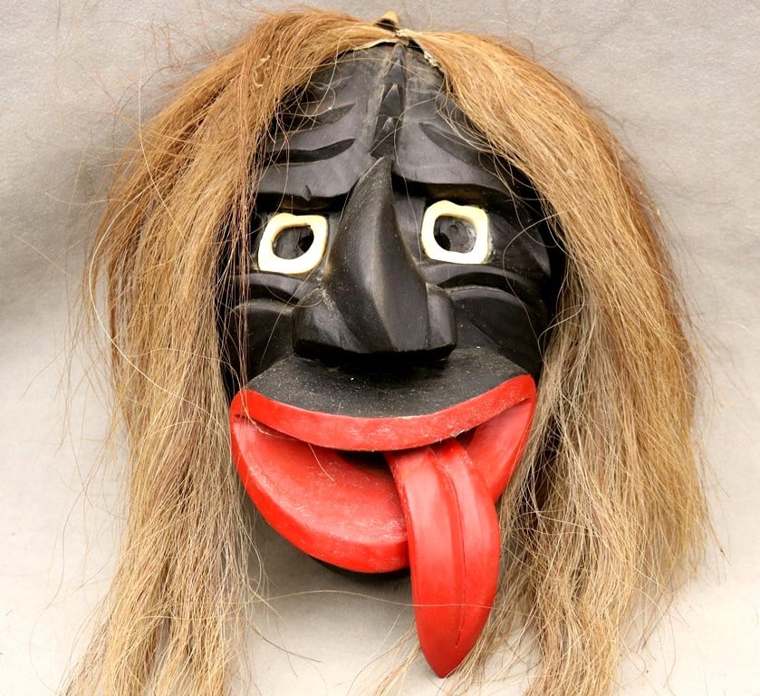 IROQUOIS HAUDENOSAUNEE FALSE FACE SOCIETY MASK, - Height: 12.25 inches.: IROQUOIS HAUDENOSAUNEE FALSE FACE SOCIETY MASK. Carved mask used in the healing rituals of the False Face Society. These masks are used by the members of the society to represent various powerful spir