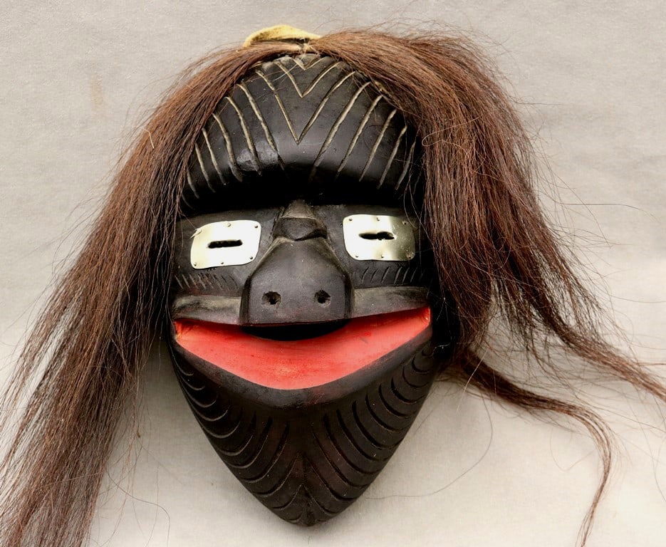 IROQUOIS HAUDENOSAUNEE FALSE FACE SOCIETY MASK, - Height: 12.25 inches.: IROQUOIS HAUDENOSAUNEE FALSE FACE SOCIETY MASK. Carved mask used in the healing rituals of the False Face Society. These masks are used by the members of the society to represent various powerful spi