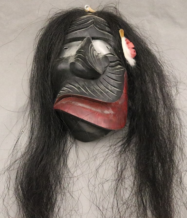 IROQUOIS HAUDENOSAUNEE FALSE FACE SOCIETY MASK, - Height: 12.25 inches.: IROQUOIS HAUDENOSAUNEE FALSE FACE SOCIETY MASK. Carved mask used in the healing rituals of the False Face Society. These masks are used by the members of the society to represent various powerful spir