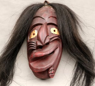 IROQUOIS NATIVE AMERICAN FALSE FACE MASK - BROKEN NOSE - HORSE HAIR, - Height: (excluding "hair") is
