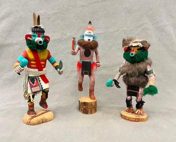 THREE KACHINA DOLLS FROM PUEBLO NATIVE TRIBES PRIMARILY THE HOPI AND ZUNI.