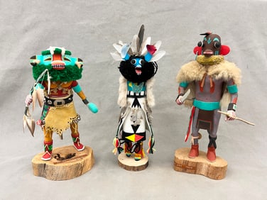 THREE KACHINA DOLLS FROM PUEBLO NATIVE TRIBES PRIMARILY THE HOPI AND ZUNI.