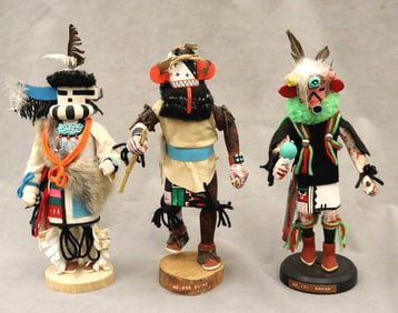 THREE KACHINA DOLLS FROM PUEBLO NATIVE TRIBES PRIMARILY THE HOPI AND ZUNI.