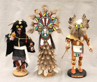 THREE KACHINA DOLLS FROM PUEBLO NATIVE TRIBES PRIMARILY THE HOPI AND ZUNI.
