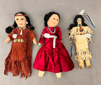 THREE PLAINS OR SOUTHWESTERN NATIVE AMERICAN FOLK ART DOLLS, - Height: (approx): 16.5 inches.