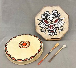 TWO NATIVE AMERICAN / FIRST NATIONS DRUMS WITH MALLETS,