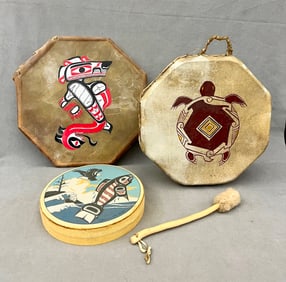 THREE HAND DRUMS THAT FEATURE TRADITIONAL NATIVE AMERICAN/FIRST NATIONS ICONOGRAPHY,