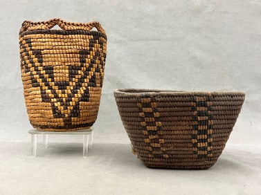 TWO ASSORTED NATIVE AMERICAN COILED BASKET AND BOWL, - Height (tallest basket): 7.5 inches.