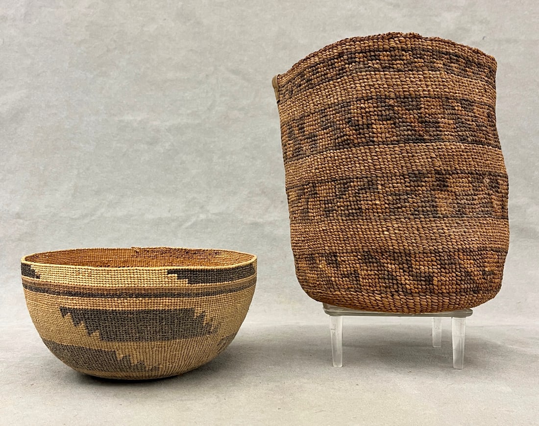 TWO ASSORTED NATIVE AMERICAN HAND-WOVEN BOWL AND BASKET, - Height (basket): 7.5 inches. (1 of 15)