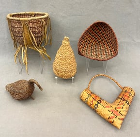 FIVE ASSORTED NATIVE AMERICAN WOVEN BASKETS INCLUDING DUCK, - Height (approx.): 7 inches.