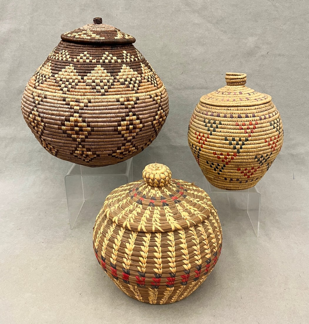 THREE ASSORTED NATIVE AMERICAN LIDDED COILED OLLA BASKETS, - Height (tallest): 12 inches. (1 of 20)