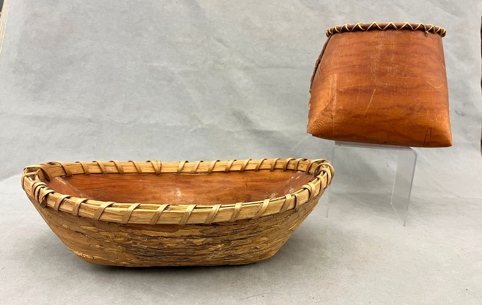 TWO ASSORTED FIRST NATIONS OR NATIVE AMERICAN BARK BASKETS, - Height: (tallest basket): 7 inches. (1 of 19)