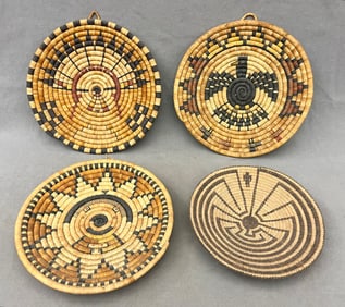 FOUR ASSORTED NATIVE AMERICAN OR FIRST NATIONS WOVEN TRAYS / PLAQUES, - Diameter: approx. 13.5