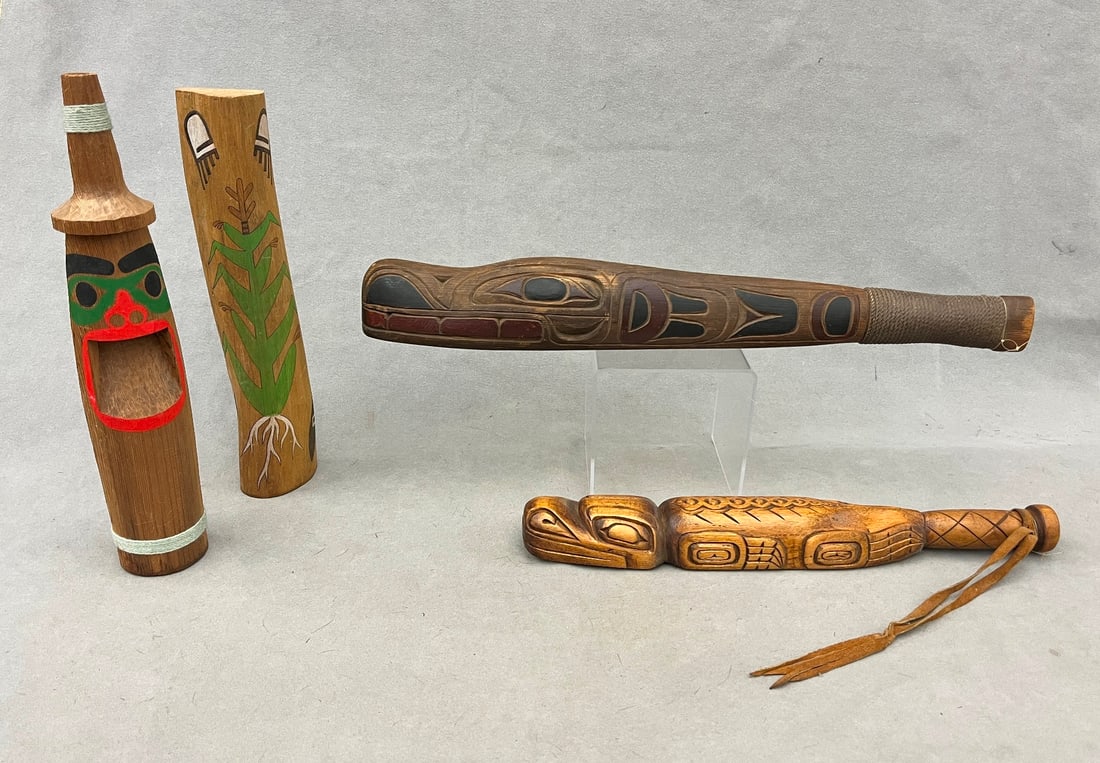 FOUR ASSORTED HOPI AND PACIFIC NORTHWEST COAST FIRST NATIONS TRADITIONAL ARTIFACTS,: FOUR ASSORTED HOPI AND PACIFIC NORTHWEST COAST FIRST NATIONS TRADITIONAL ARTIFACTS. Three of the four assorted carved and decorated artifacts are characteristic of the Pacific Northwest Coast First Na