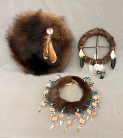 THREE ASSORTED NATIVE AMERICAN OR FIRST NATIONS DECORATIVE AND CEREMONIAL REGALIA, - Diameter