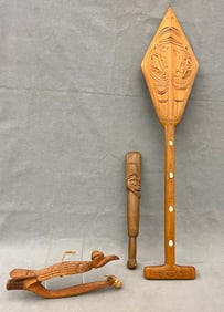 THREE ASSORTED PACIFIC NORTHWEST HAND CARVED ARTIFACTS, - Length (paddle): 25 inches.
