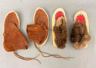 TWO PAIRS OF NATIVE AMERICAN FOOTWEAR OR MOCCASINS, - Length: approx. 10.5 inches.