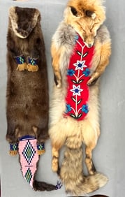 TWO NATIVE AMERICAN BEADED FUR TRADITIONAL MEDICINE BAGS, - Length: approx. 40 inches.