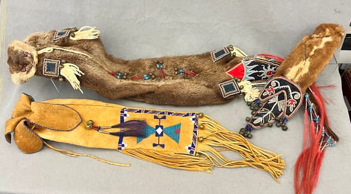 THREE NATIVE AMERICAN FURRED AND BEADED POUCHES OR FLAPS, - Length: (long fur pouch): 34 inches.