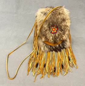 NORTHERN ALASKAN NATIVE FRINGED FUR & BEADED MEDICINE POUCH, - Height: (including fringes): 18.5