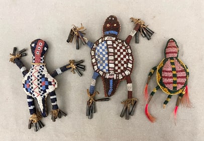 THREE NATIVE AMERICAN BEADED UMBILICAL FETISHES,AMULETS USED TO PROTECT A CHILD'S SPIRIT. - Height: