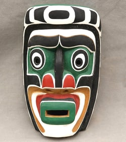 SIGNED RON JAGO PACIFIC NORTHWEST COAST INDIGENOUS CEREMONIAL "ECHO" MASK, - Height: 11 inches.