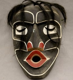 INDIGENOUS PACIFIC NORTHWEST COAST CEREMONIAL DZUNUKWA / WILD WOMAN OF THE WOODS MASK. - Height: