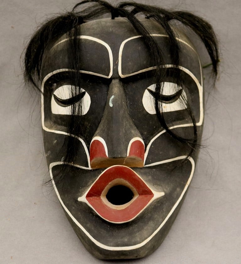 INDIGENOUS PACIFIC NORTHWEST COAST CEREMONIAL DZUNUKWA / WILD WOMAN OF THE WOODS MASK. - Height:: INDIGENOUS PACIFIC NORTHWEST COAST CEREMONIAL DZUNUKWA / WILD WOMAN OF THE WOODS MASK. This Dzunukwa/Wild Woman of the Woods Mask is hand-carved by an Kwakwaka'wakw artist. These masks represent super