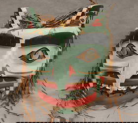 INDIGENOUS PACIFIC NORTHWEST COAST CEREMONIAL EAGLE MAN MASK, - Height: 10.75 inches.: INDIGENOUS PACIFIC NORTHWEST COAST CEREMONIAL EAGLE MAN MASK. Northwest Coast ceremonial eagle man mask possibly from the Kwakwaka'wakw (Kwakiutl) or a neighboring nation. The dominant color is a pal