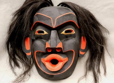 SIGNED JOE PETERS JR. KWAKIUTL TSONOQUA MASK (1988), - Height: 14 inches.