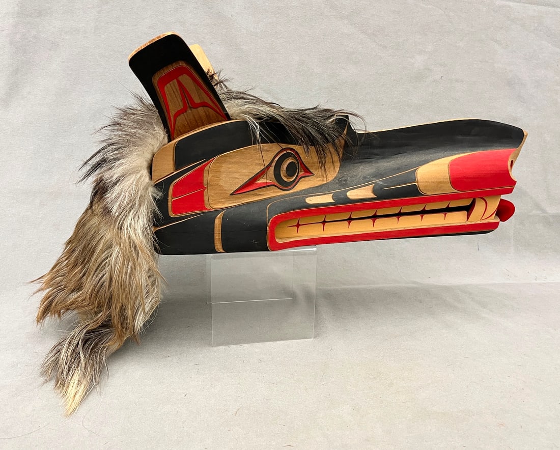 SIGNED STAN WAMISS KWAGUILTH WOLF MASK, 1989,: SIGNED STAN WAMISS KWAGUILTH WOLF MASK, 1989. Artist signed Stan Wamiss, dated 1989, and titled "Wolf Mask." The mask is a Wolf Mask or Wolf Headdress Frontlet from the Pacific Northwest Coast First N