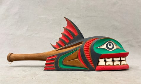 SIGNED Ivan Otterlifter PACIFIC NORTHWEST FIRST NATIONS DANCER'S SALMON RATTLE, - Length: 14 inches.