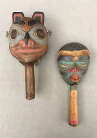 TWO ASSORTED PACIFIC NORTHWEST ANIMAL AND HUMANOID HEAD RATTLES, - Length: approx. 12 inches.