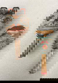 TWO ASSORTED PACIFIC NORTHWEST ANIMAL AND HUMANOID HEAD RATTLES, - Length: approx. 12 inches.: TWO ASSORTED PACIFIC NORTHWEST ANIMAL AND HUMANOID HEAD RATTLES. Two assorted Pacific Northwest Animal and Humanoid head rattles. Set of two Pacific Northwest (such as the Tlingit, Haida, Kwakwaka'wa